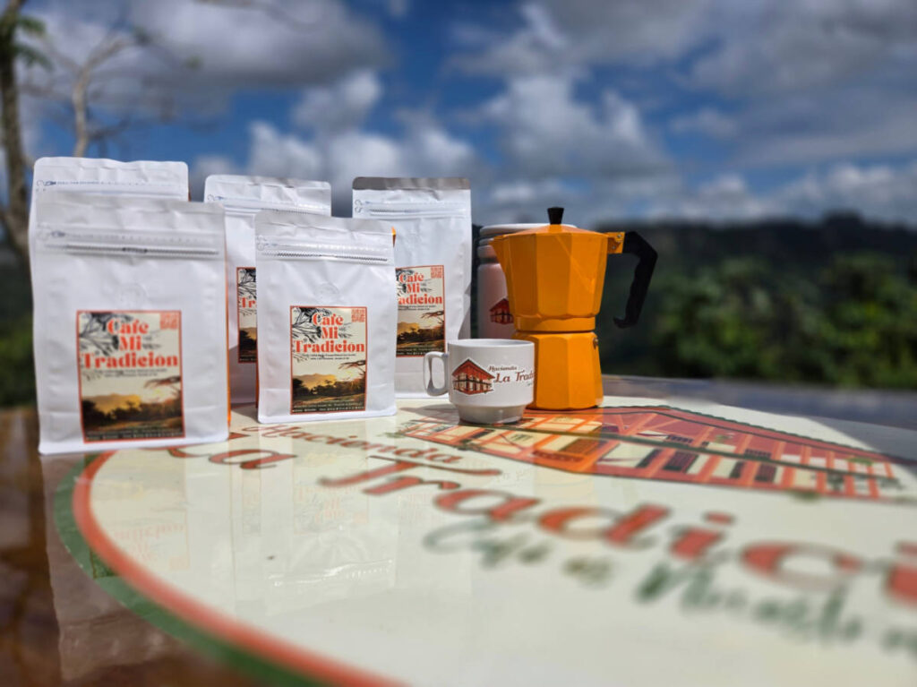 View of coffee products from Hacienda La Tradición