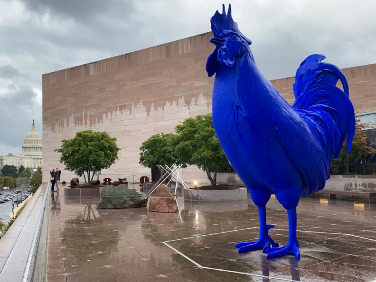 A blue Hahn/Cock sculpture at the rooftop of National Gallery of Art