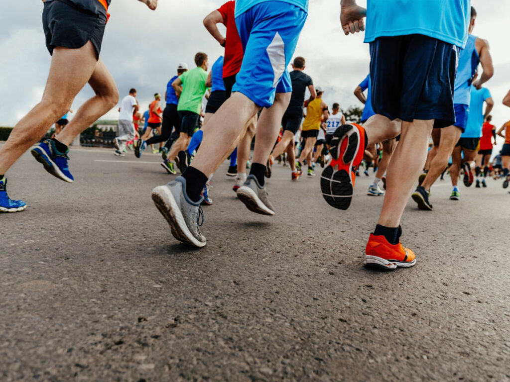 Closeup look of the feet of the runners