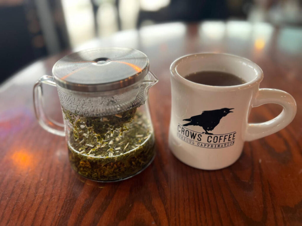 A glass of herbal tea at Crows Coffee