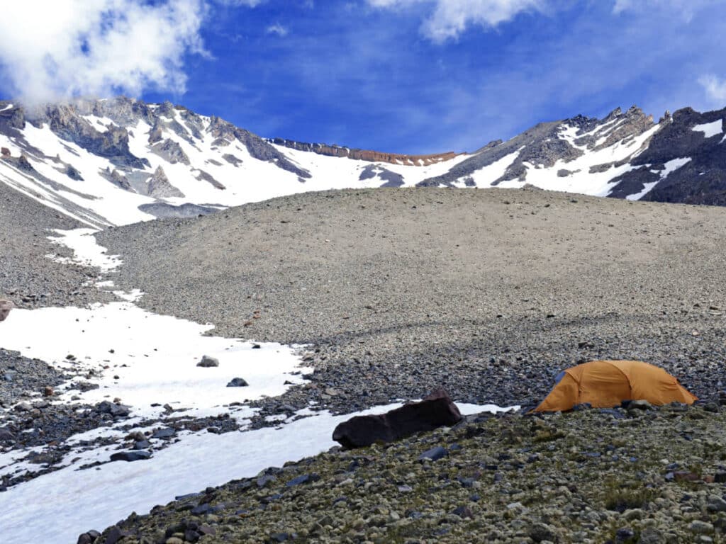 A camping tent at High Camp on Mt Shasta