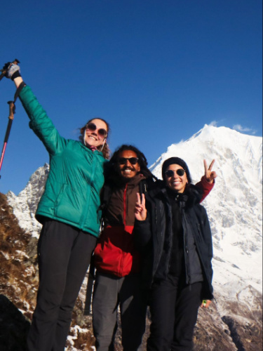 Amber Visch with her friends in Higher Kyanjin Ri, Langtang, Nepal