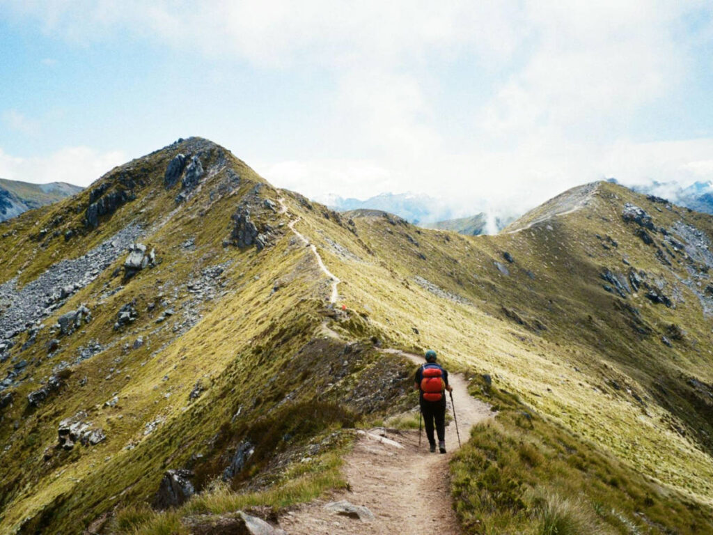 Scenic view of a hiker along the alpine ridge