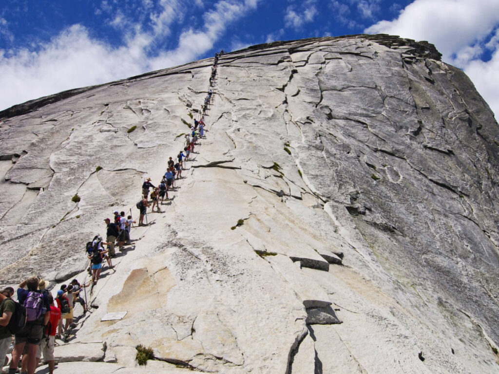 View of the hikers, hiking to the steep trail to the Half Dome