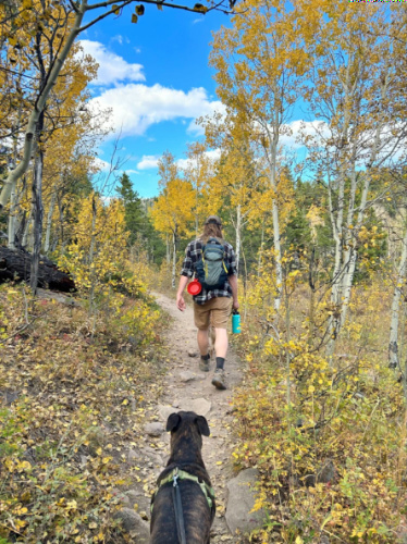 A man and the dog hiking in Golden Gate Canyon State Park in autumn