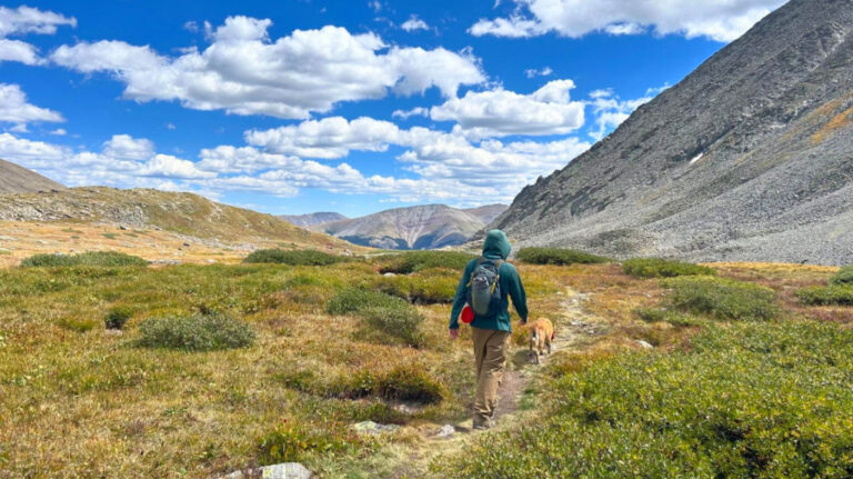 Travel Lemming writer Abigail’s husband and pup hiking in McCullough Gulch