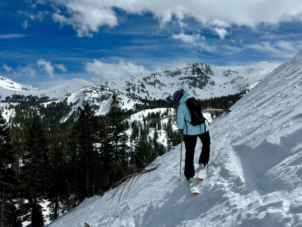 The author's partner navigating at the steep terrain at Kirkwood