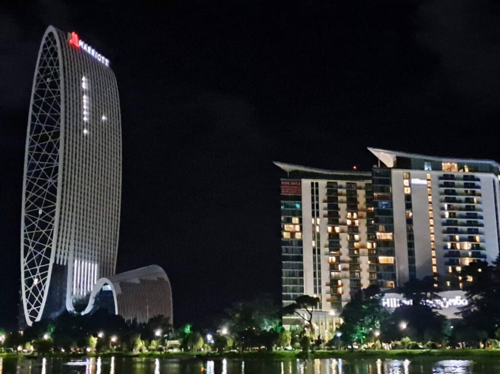 The Hilton Batumi hotel with lights at night