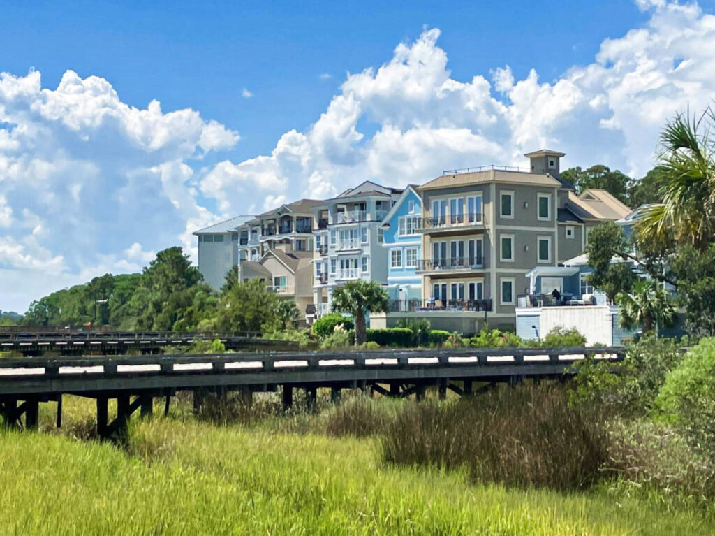 View of the colorful beachside properties in Hilton Head
