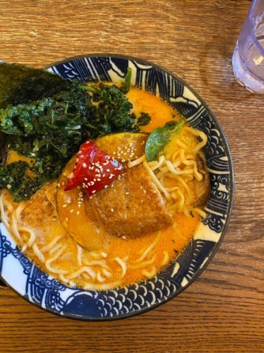 A vegan ramen on a bowl served at Hinodeya Ramen