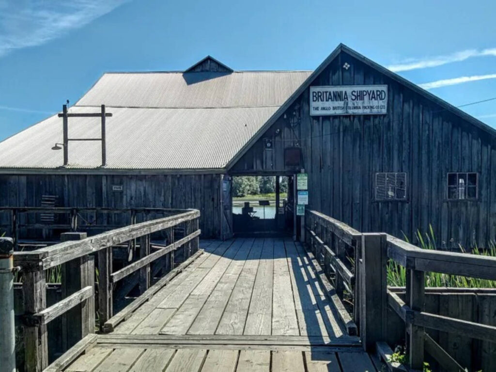 View of the historic wooden exterior of Britannia Shipyard in Steveston