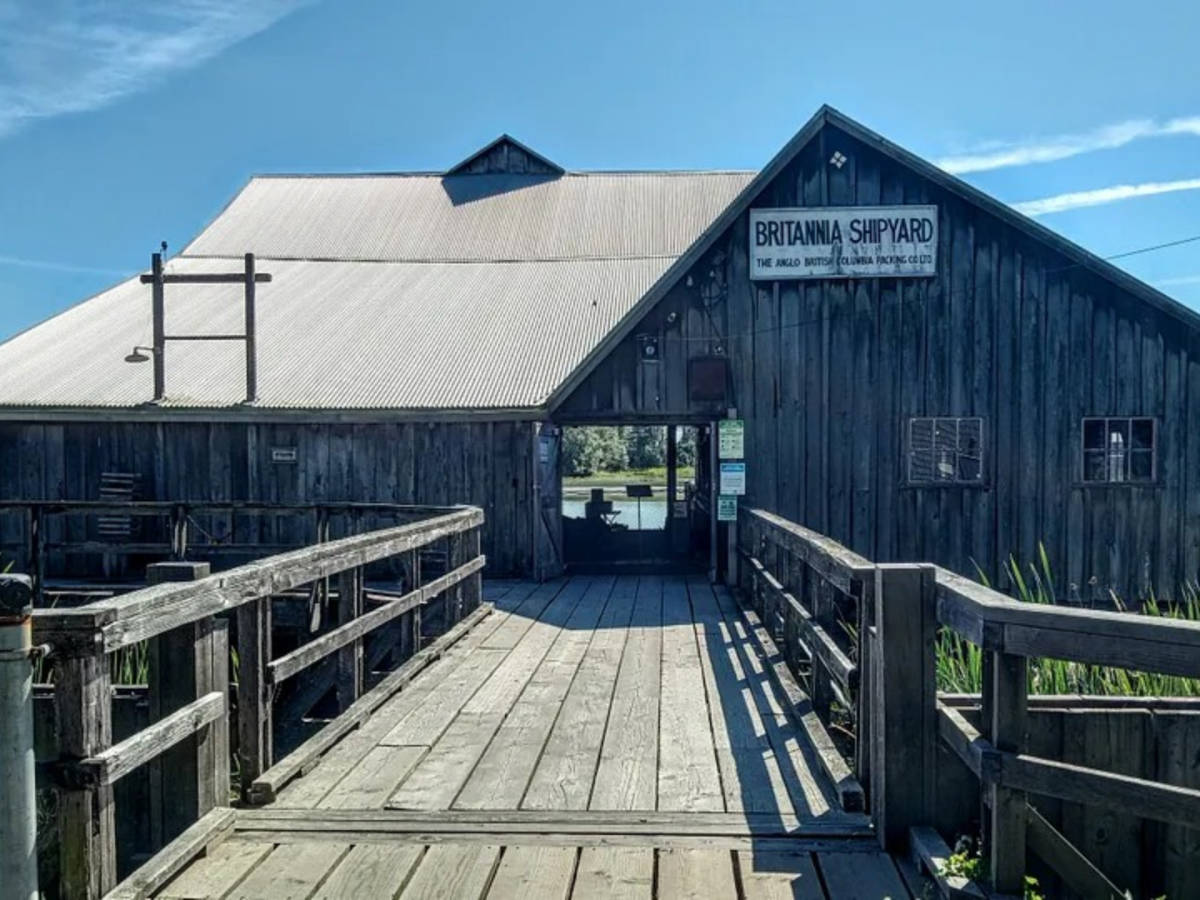 View of the historic wooden exterior of Britannia Shipyard in Steveston