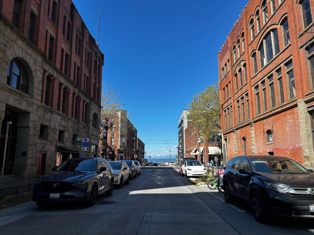 Clear blue sky over the historic buildings in Pioneer Square