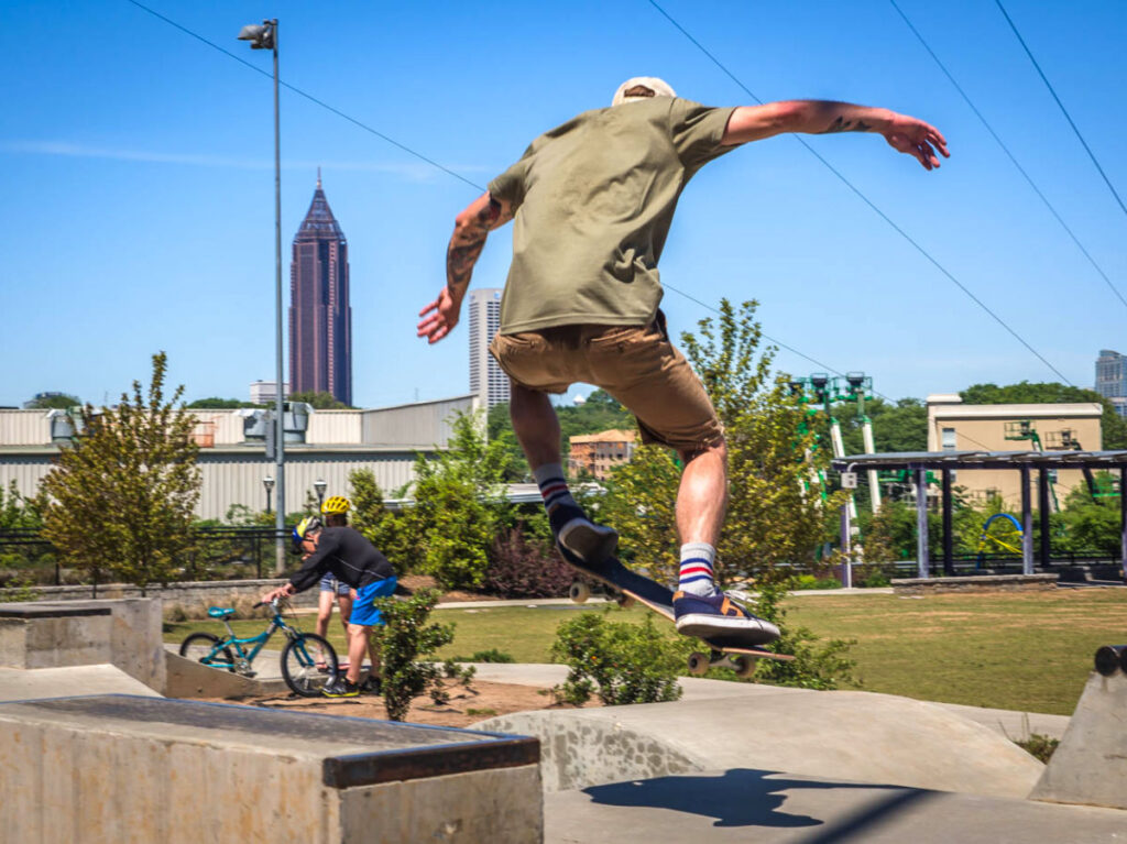View of a skater catching air at Historic Fourth Ward Skate