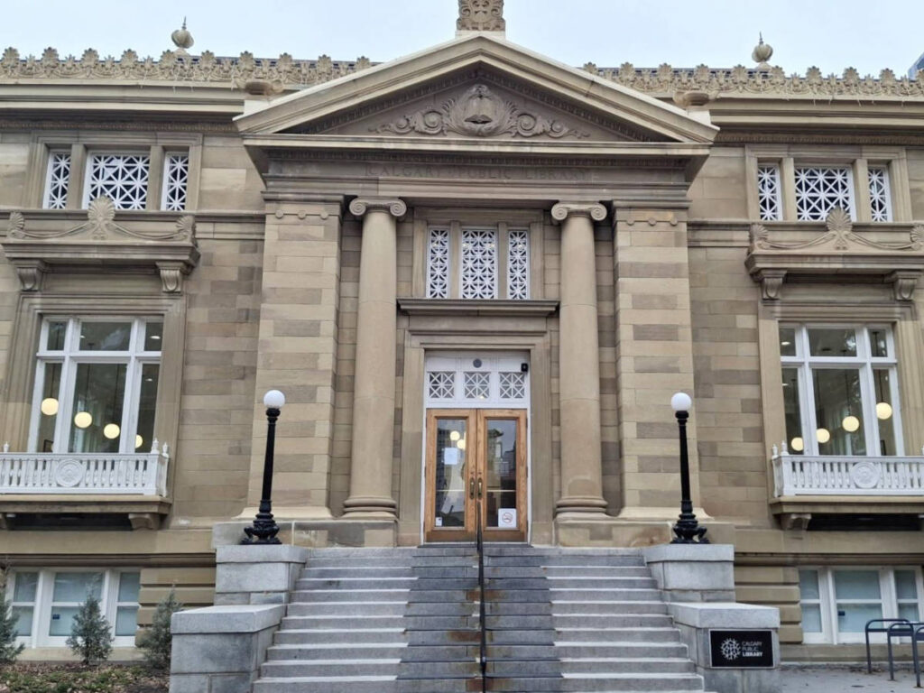 The exterior and entrance view of Historic Memorial Park Library
