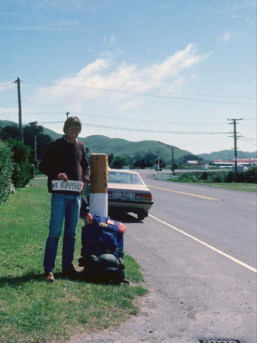 Author's dad hitchhiking to Mt. Ruapehu