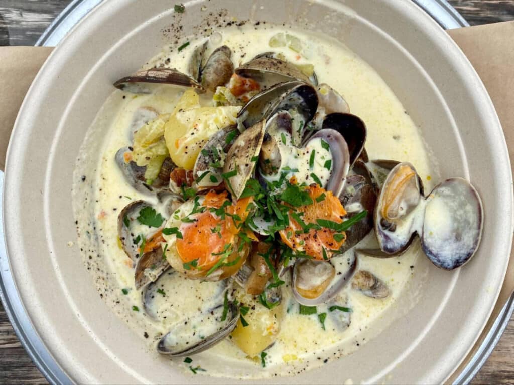 A clam chowder on a bowl served in Hog Island Oyster Co.