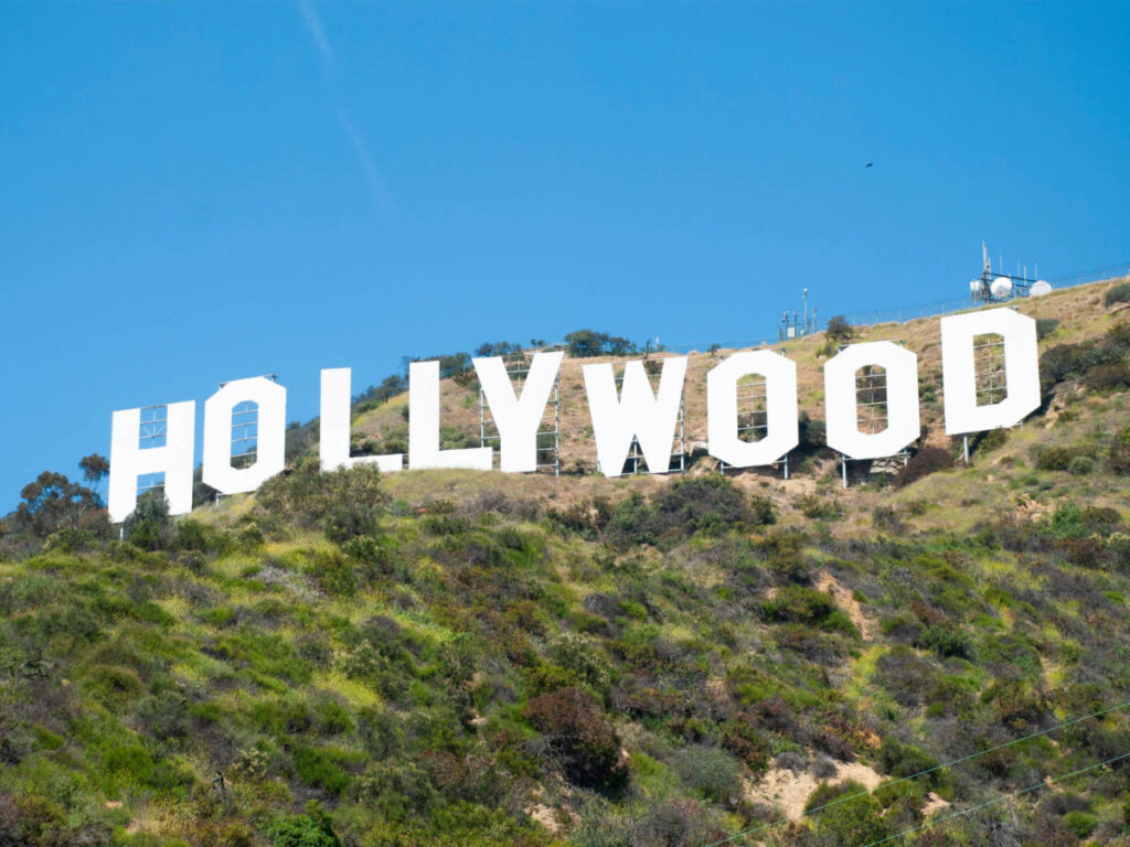 Closeup look of the Hollywood sign on top of the hill