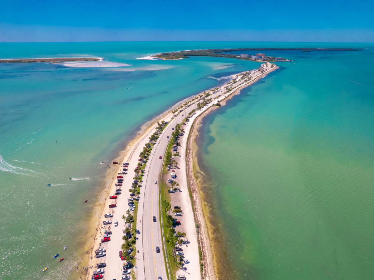 Aerial view of road and ocean at Honeymoon Island State Park