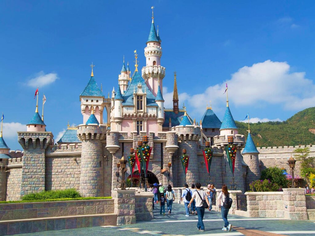 Visitors entering the the Castle of Magical Dreams at Hong Kong Disneyland