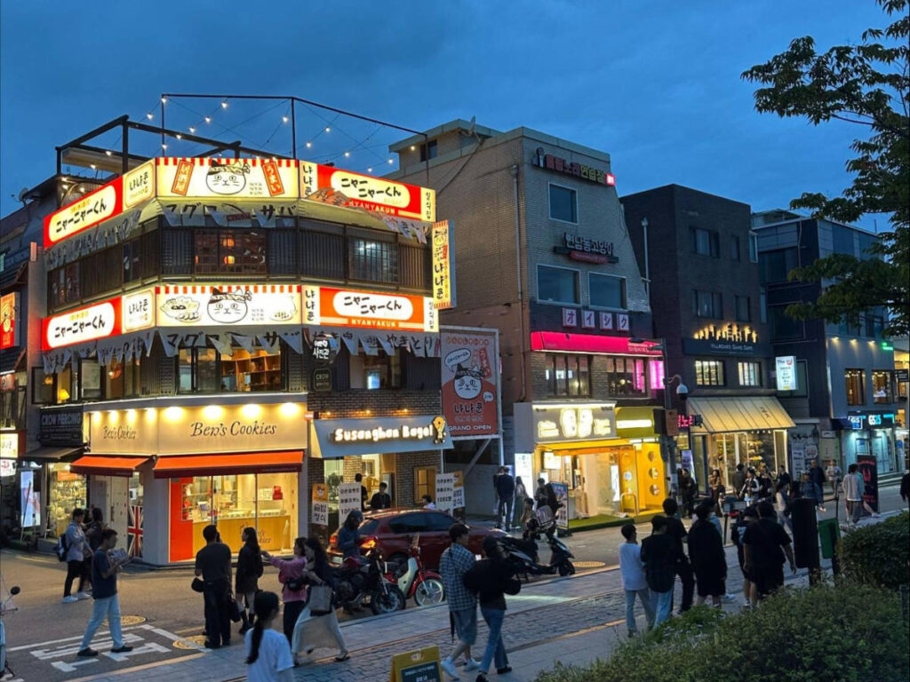 View of the shops around Hongdae at night
