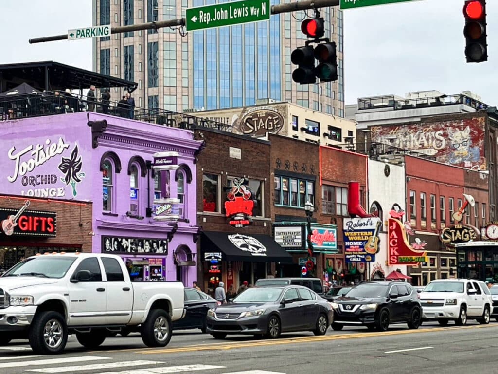 Exterior view of the Honky Tonks and restaurants from the busy street in Broadway