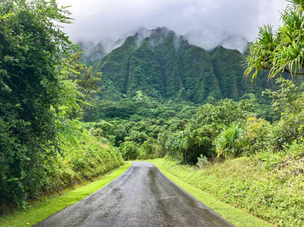 Scenic mountain views and the greenery around Ho’omaluhia Botanical Gardens
