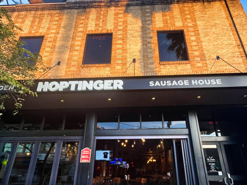 Storefront view of the Hoptinger Bier Garden & Sausage House