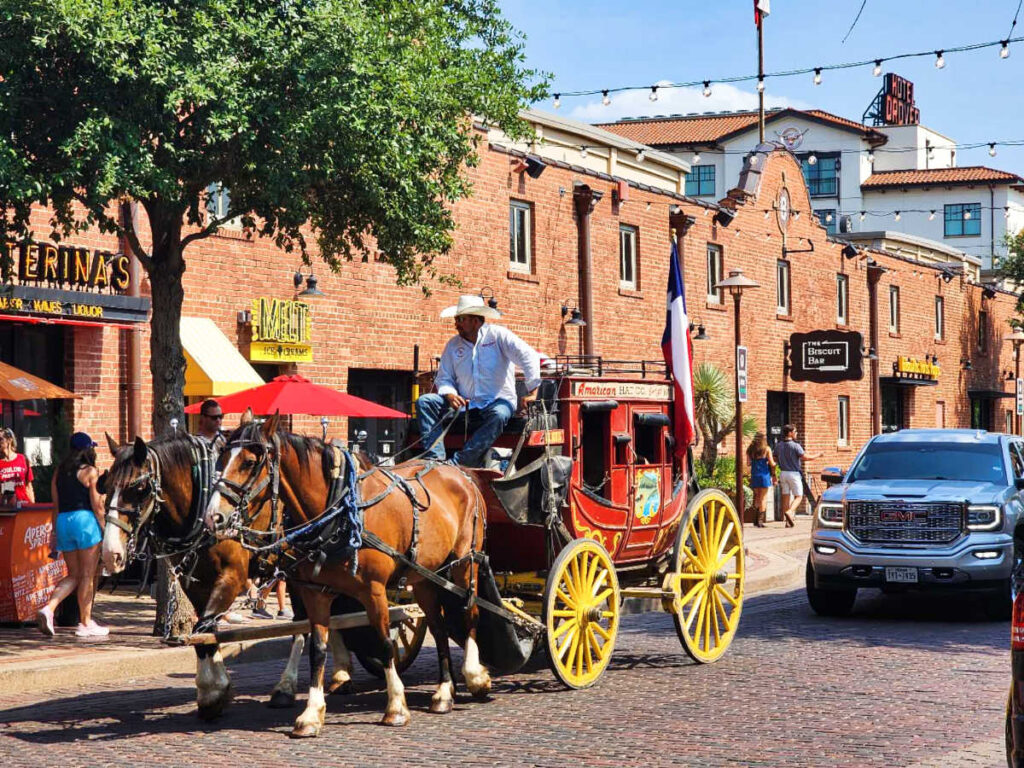 A man riding a horse-drawn carriage on a brick street of Mule Alley