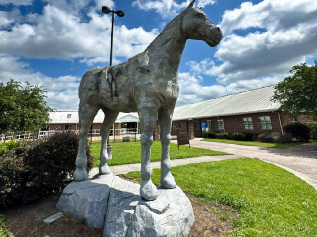 A horse sculpture outside the Houston Police Mounted Patrol Barn