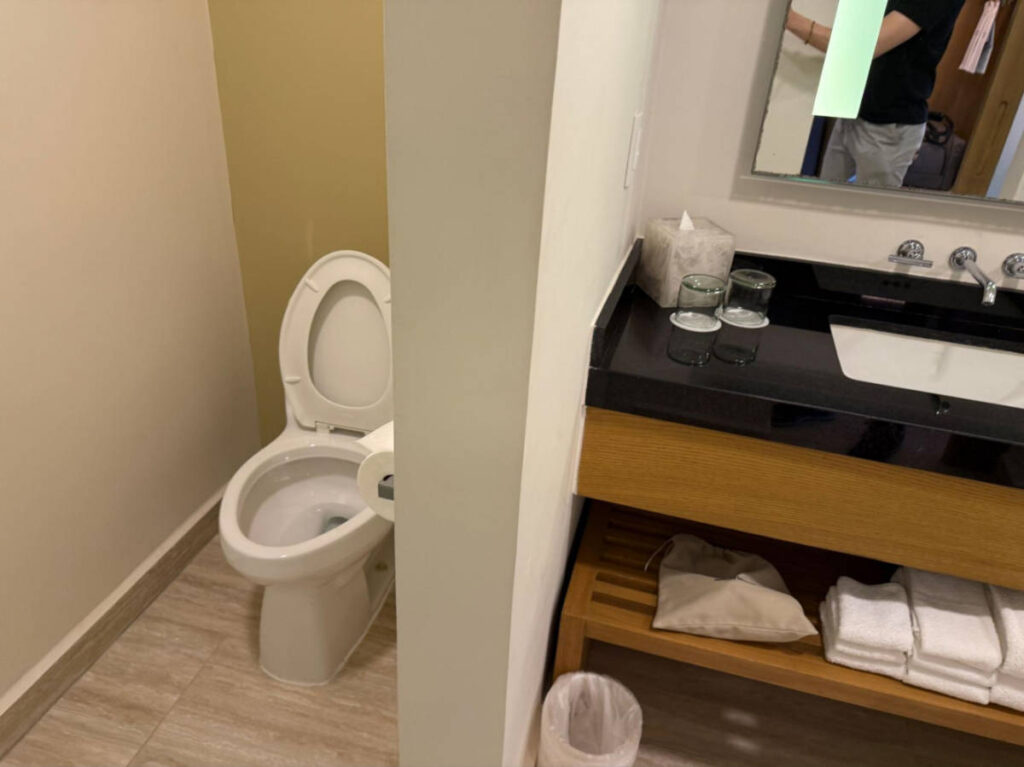 View of the toilet inside the bathroom