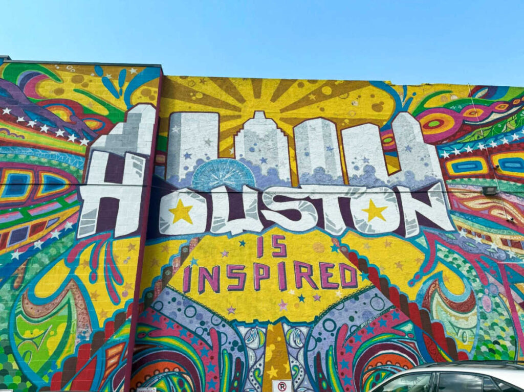 View of the colorful Houston inspired mural on the wall