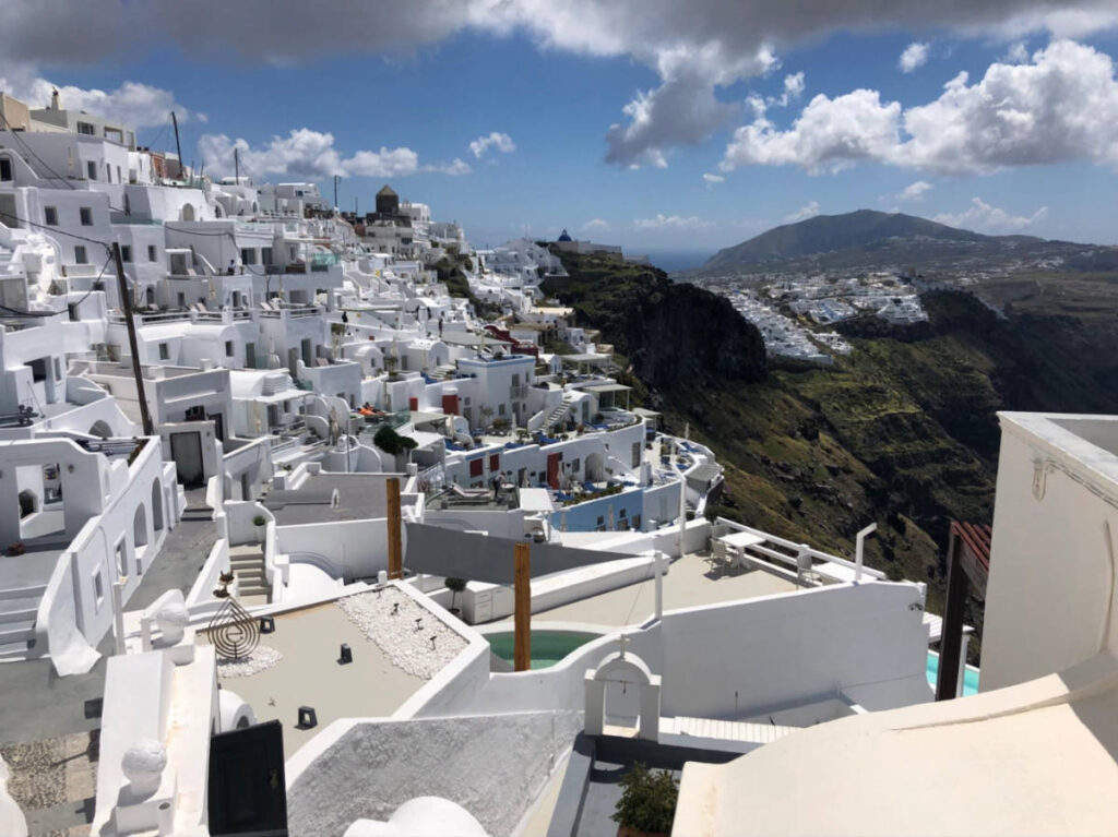 Overlooking view of Fira from the whitewashed cave houses in Imerovigli