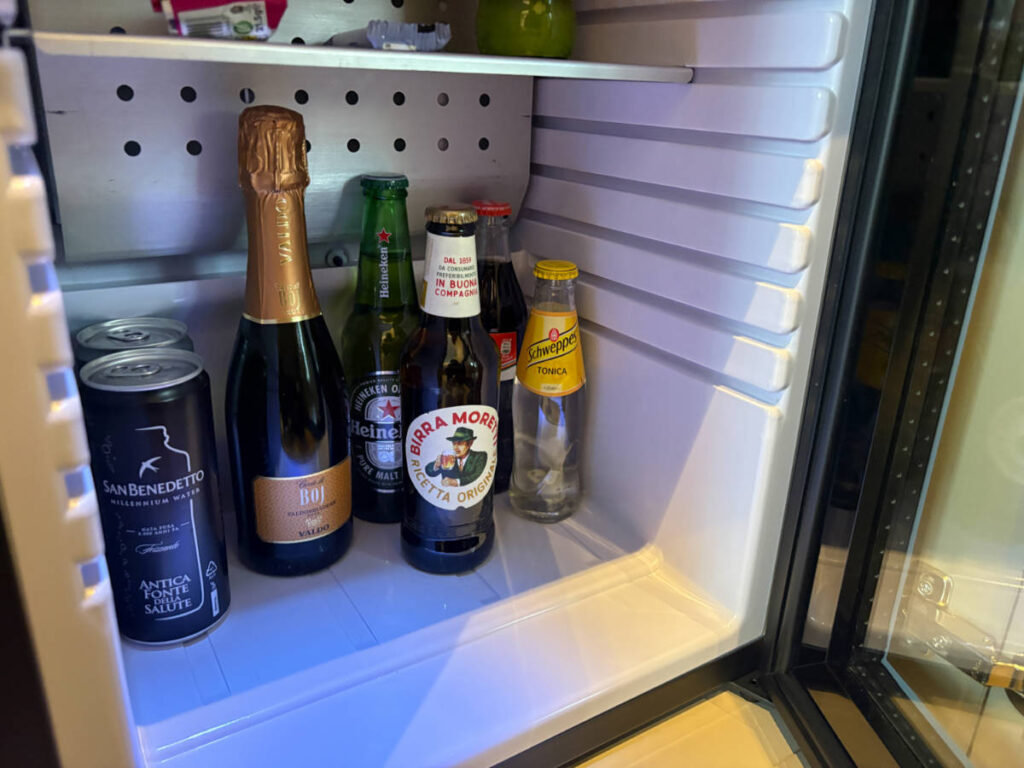 Variety of drinks inside the mini fridge