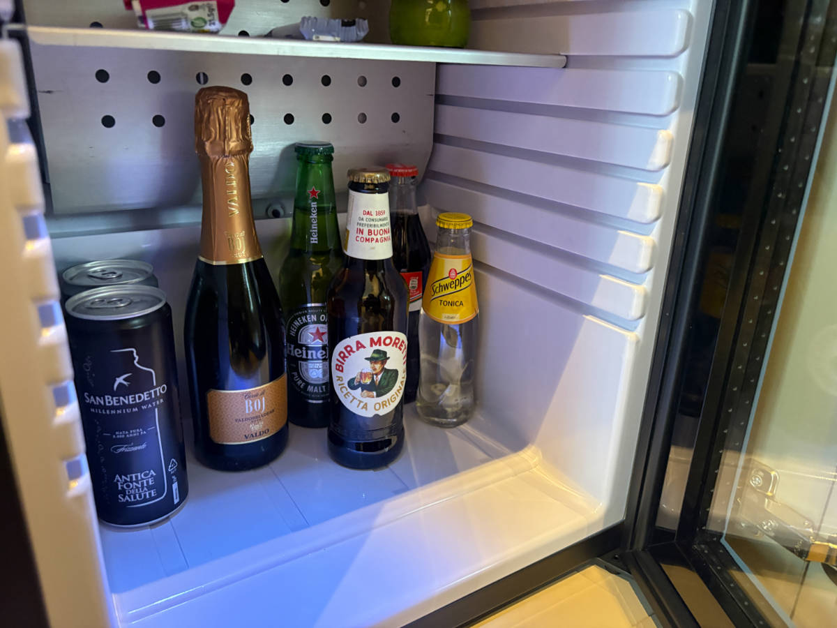Variety of drinks inside the mini fridge