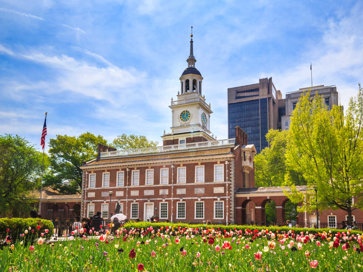 Exterior view of the Independence Hall during the spring season