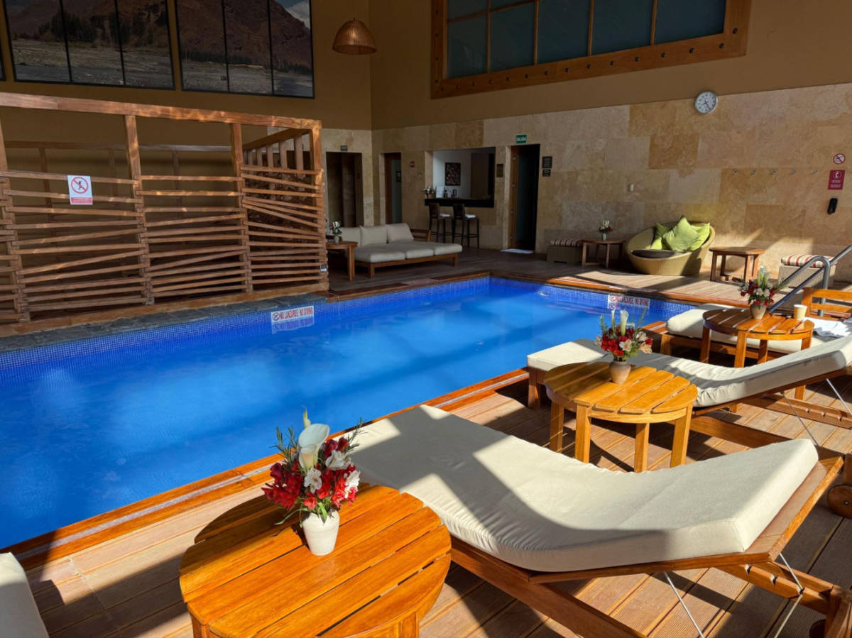 The indoor half of the hotel’s indoor/outdoor pool
