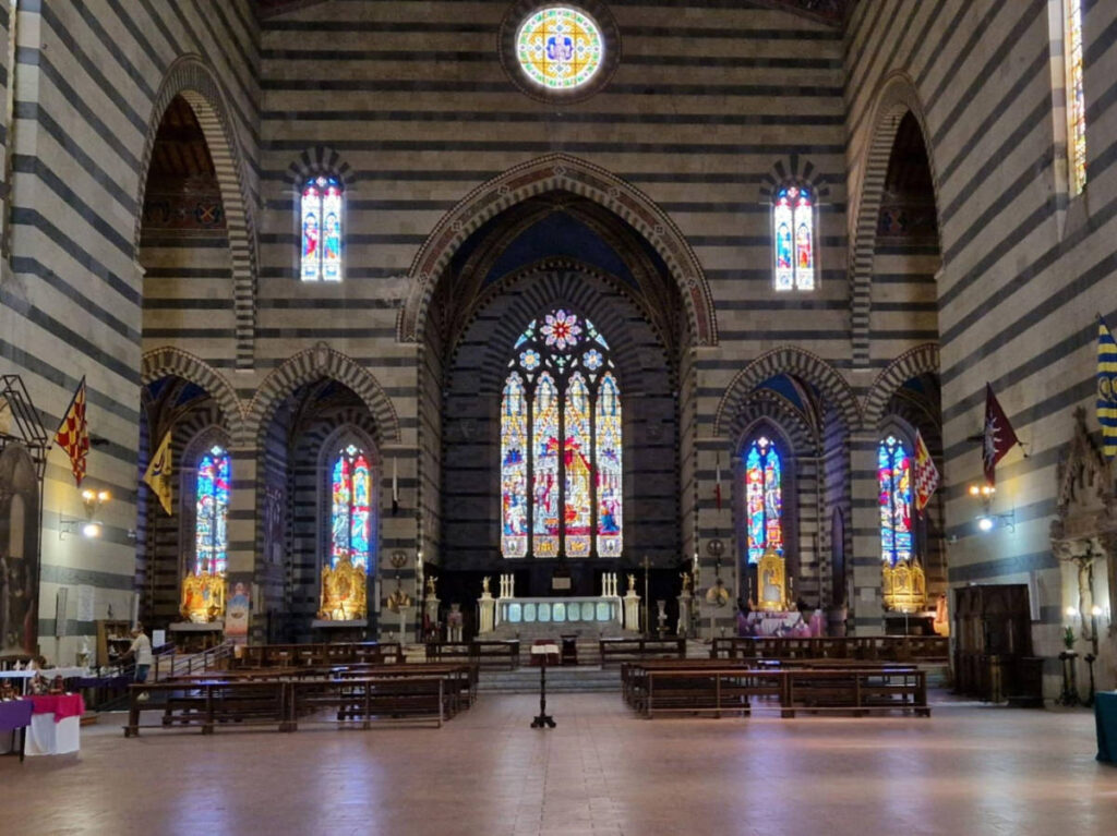 View of the stained glass windows inside Basilica San Francesco