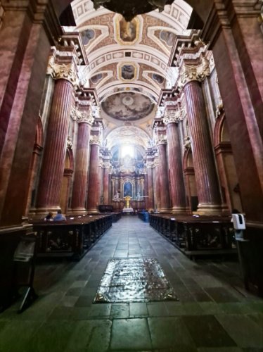 View of the ornate on the painted ceiling in Poznań’s Church interior