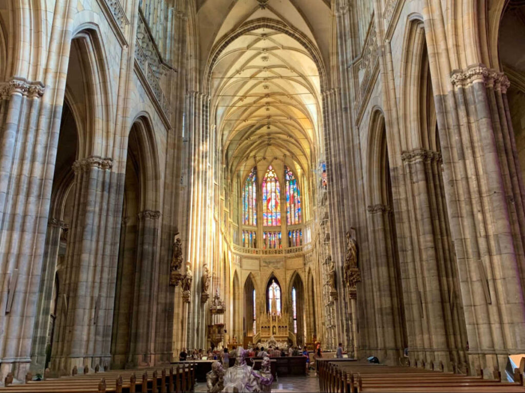 View of the intricate interior and high ceiling of St.Vitus Cathedral