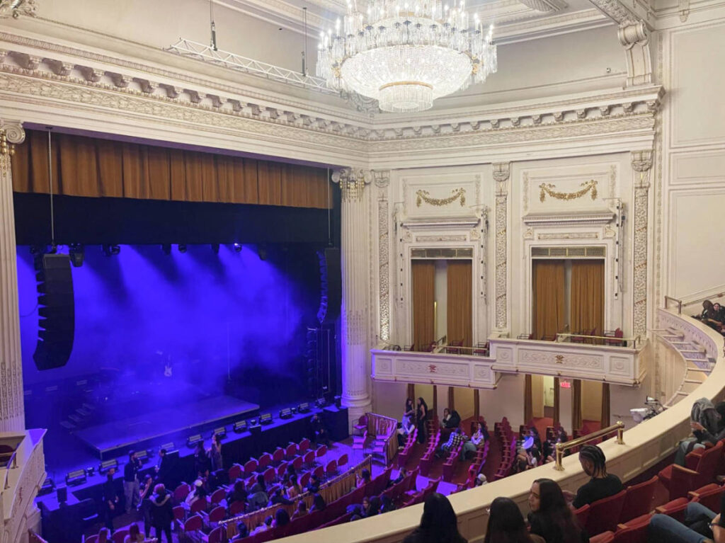 View of the stage with chandelier overhead in the Boch Center- Wang Theatre