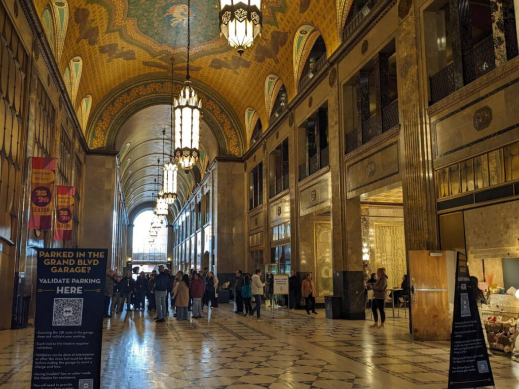 View of the gorgeous and intricate lobby of the Fisher Theater
