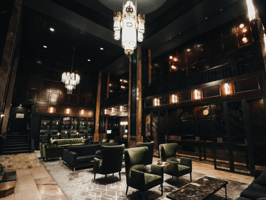 View of the dim-lit interior of the Hotel Phillips Kansas City