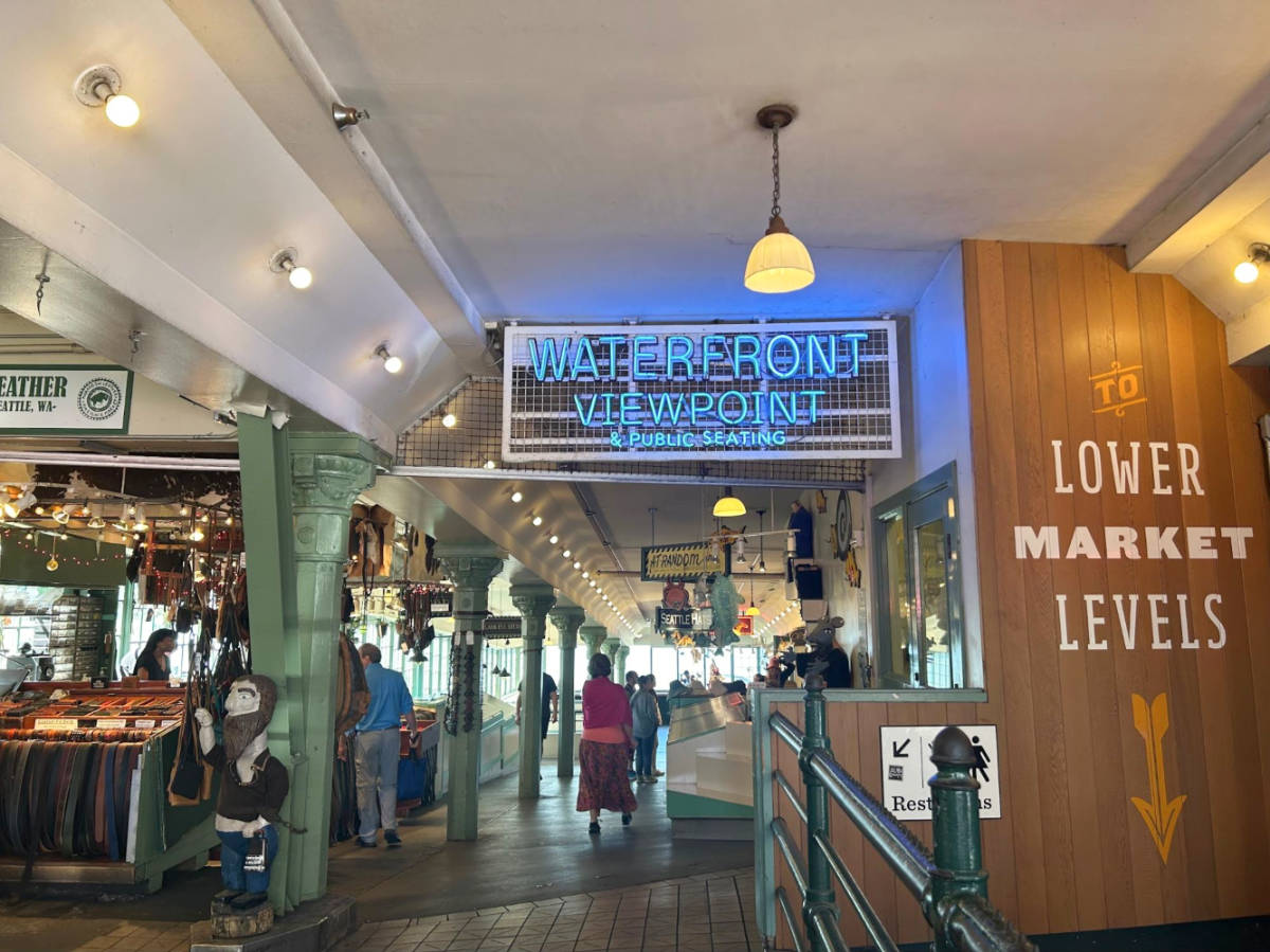 View of the shops and the colorful signages inside the Pike Place Market