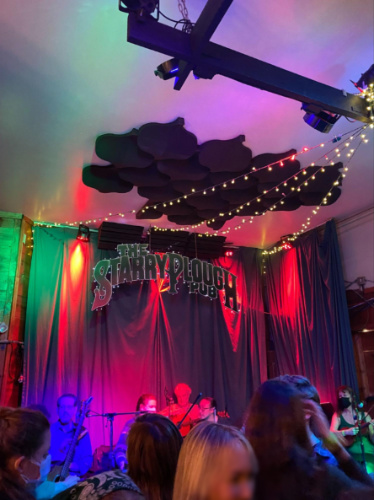 View of the musicians on the stage of Starry Plough Pub