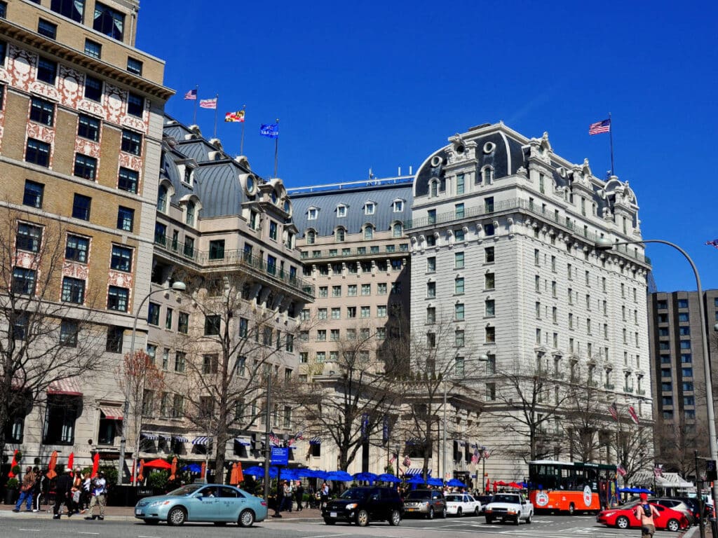 Clear blue sky over the InterContinental Willard Hotel building