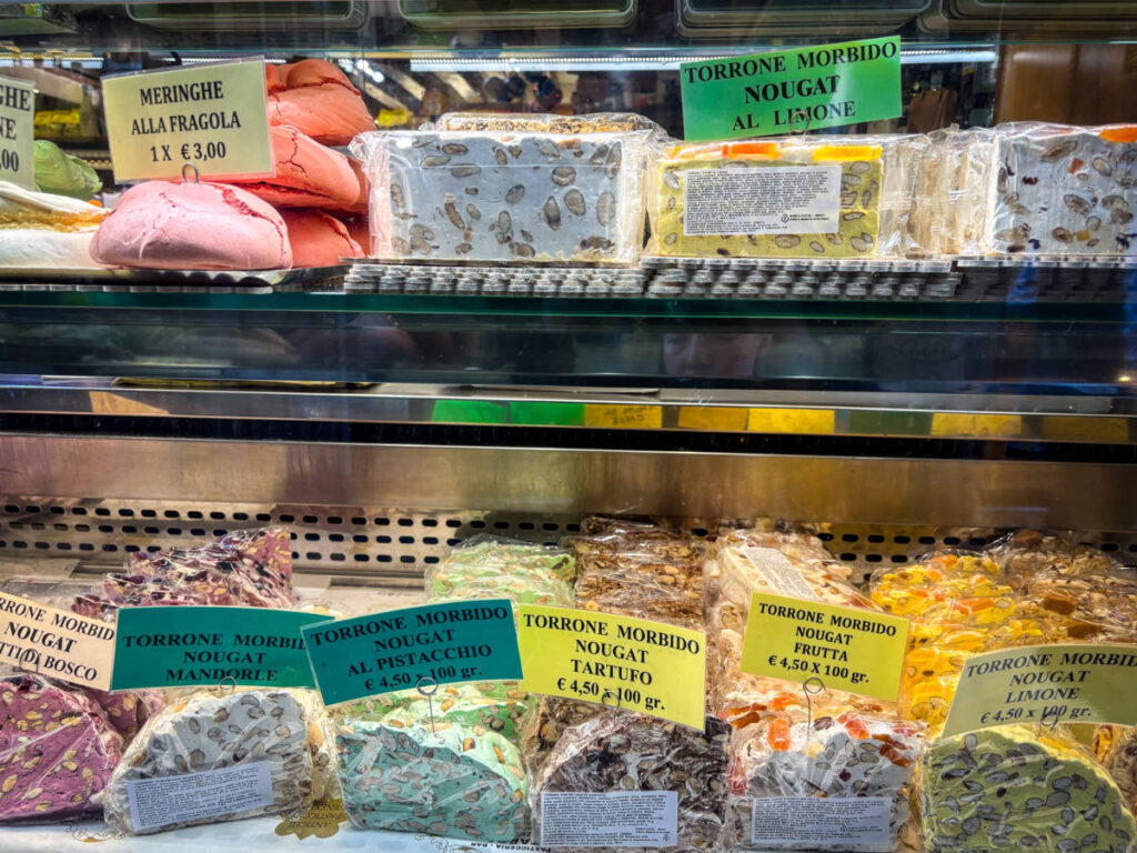 Closeup look of the variety of nougats in Italy