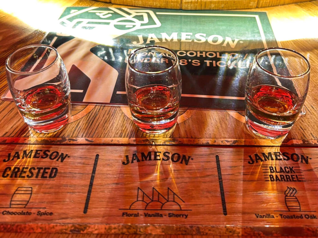 A flight of different whiskeys from Jameson Whiskeys