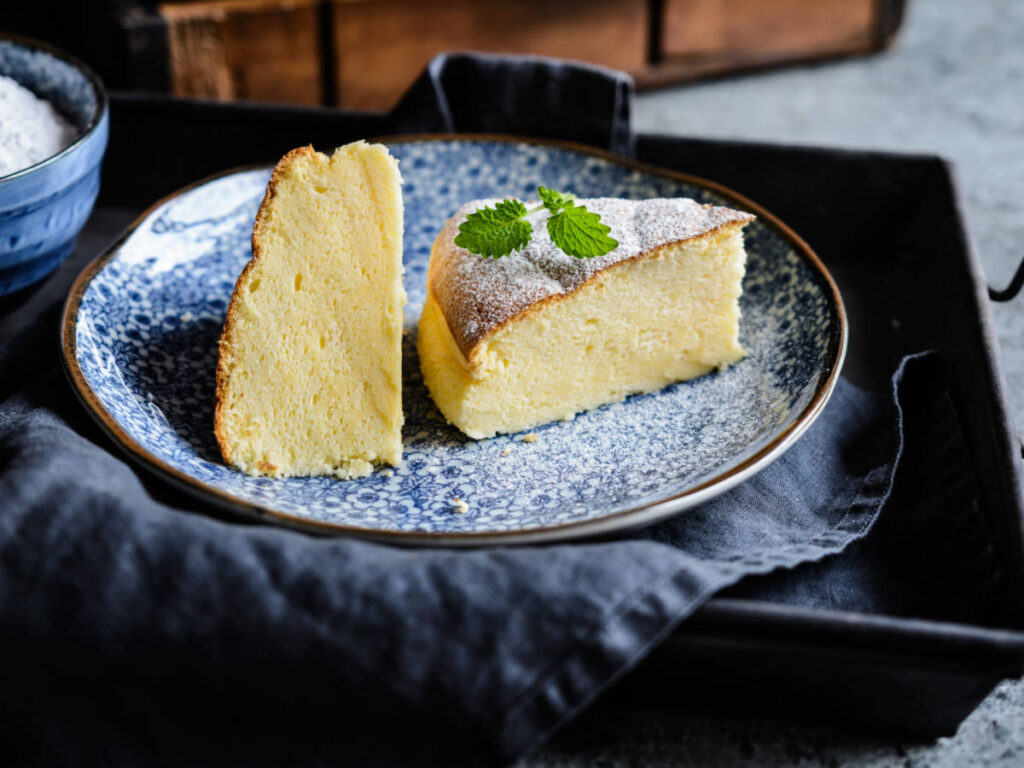A plate with decadent Japanese cheesecake
