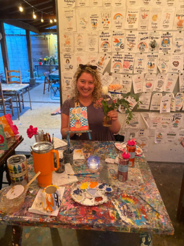 Travel Lemming author Jess Levy showing her crafted art projects at the Encinitas House of Art